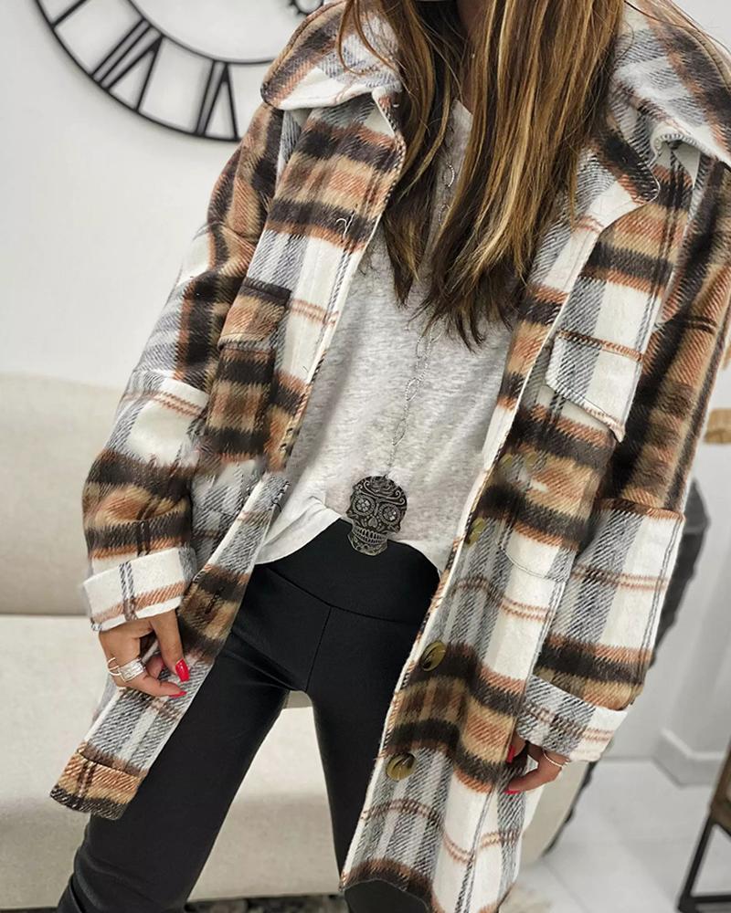 

Buttoned Pocket Design Checked Shacket, Brown