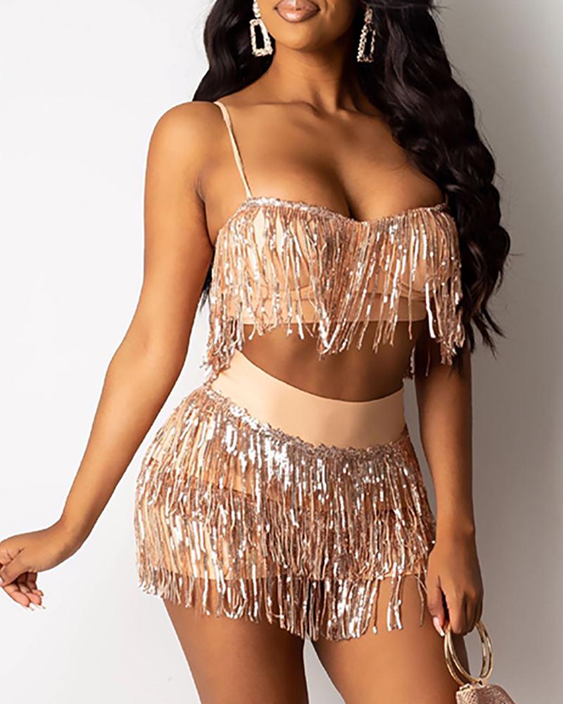 

Tassel Spaghetti Strap Crop Top & Short Sets, Apricot