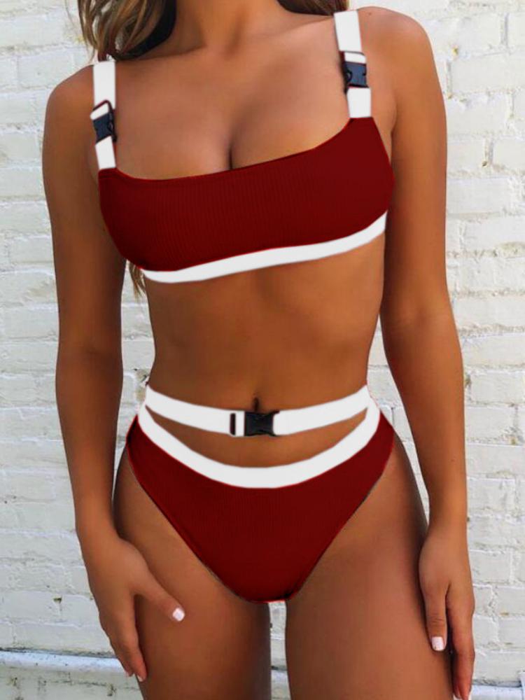 

Contrast Color Splicing Buckled Bikini Sets, Wine red