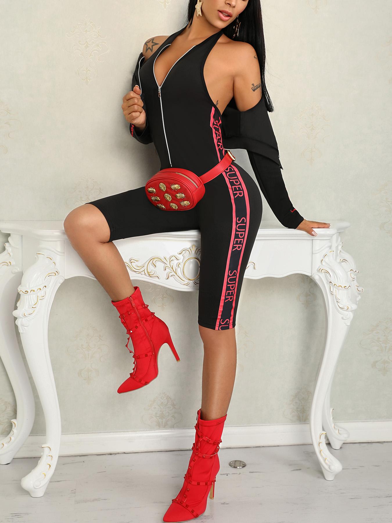 

Side Letter Print Jumpsuit & Zipper Coat Sets