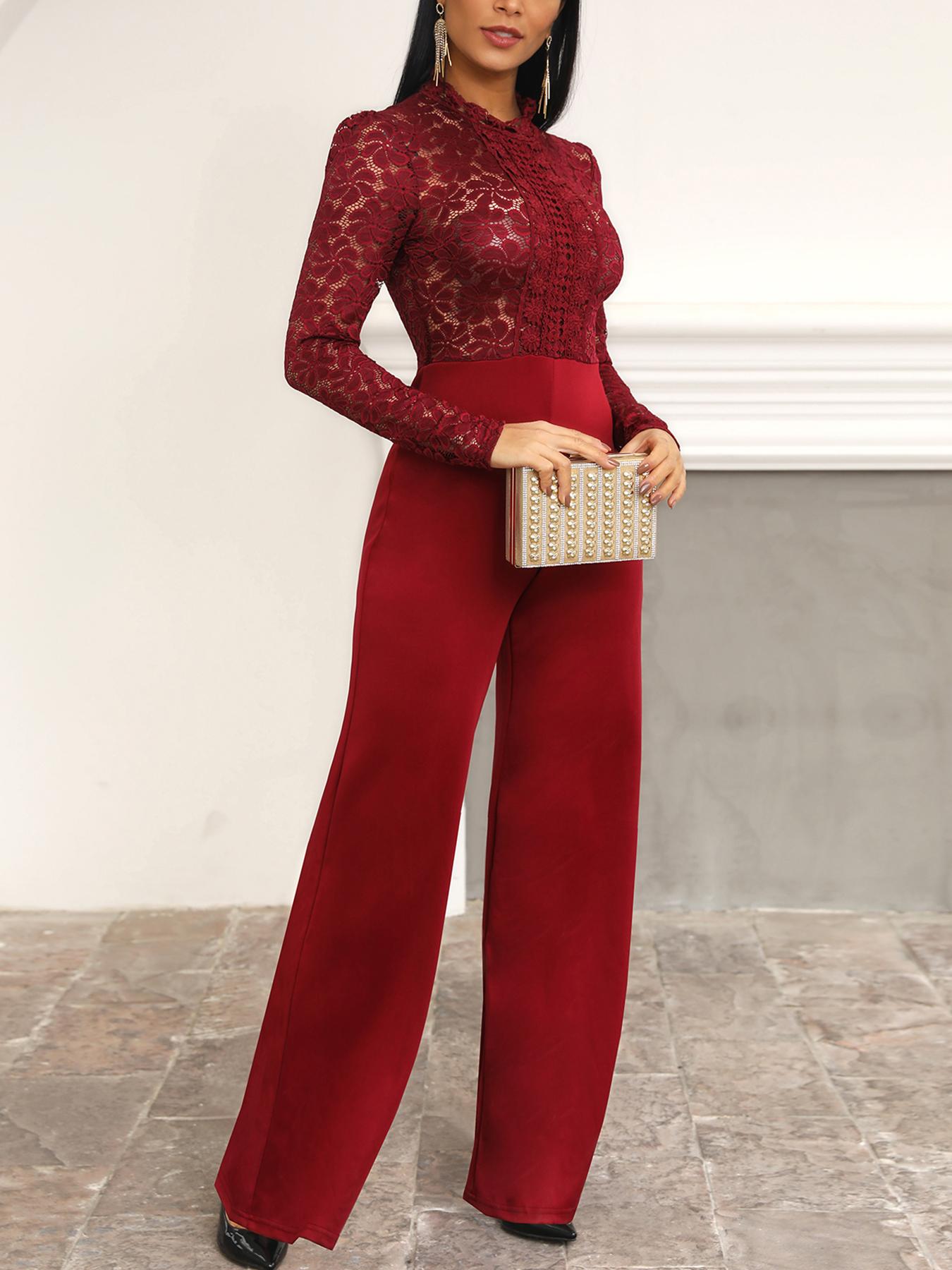 

Mock Neck Floral Lace Bodice Jumpsuit