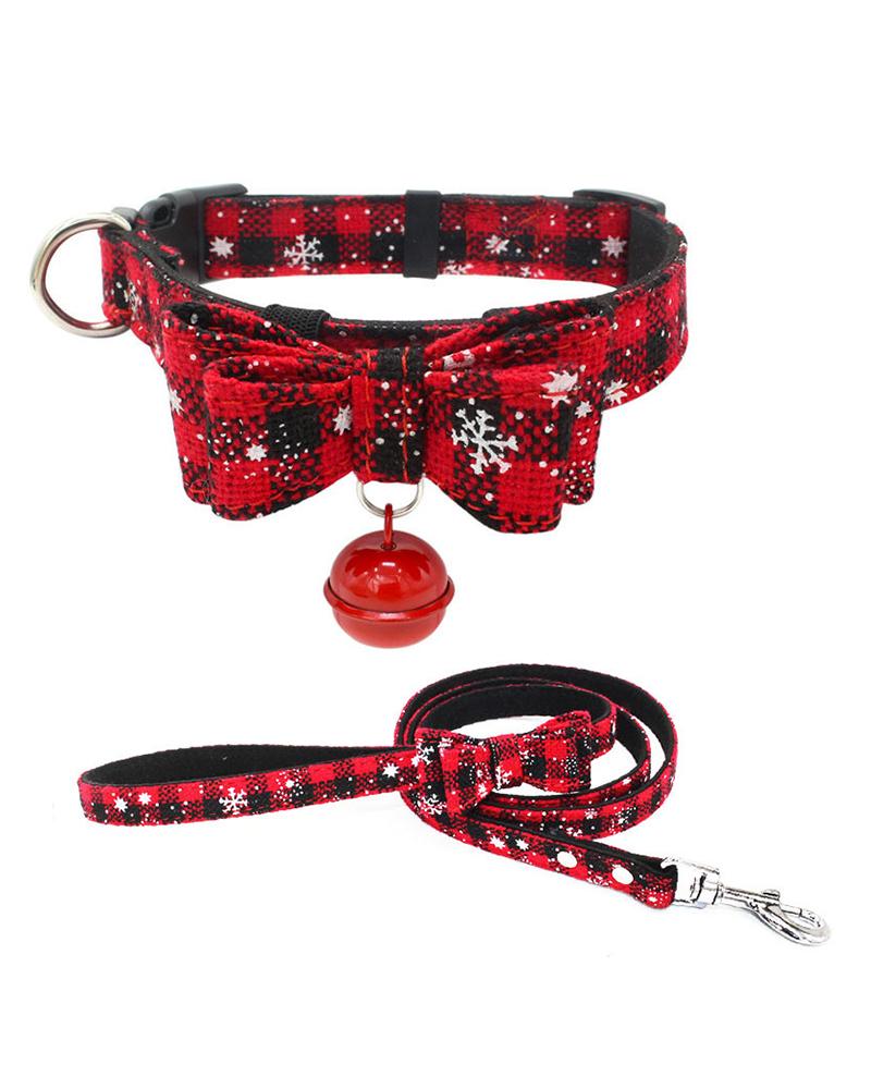 

Christmas Pattern Bow & Bell Pet Collar With Leash, Red