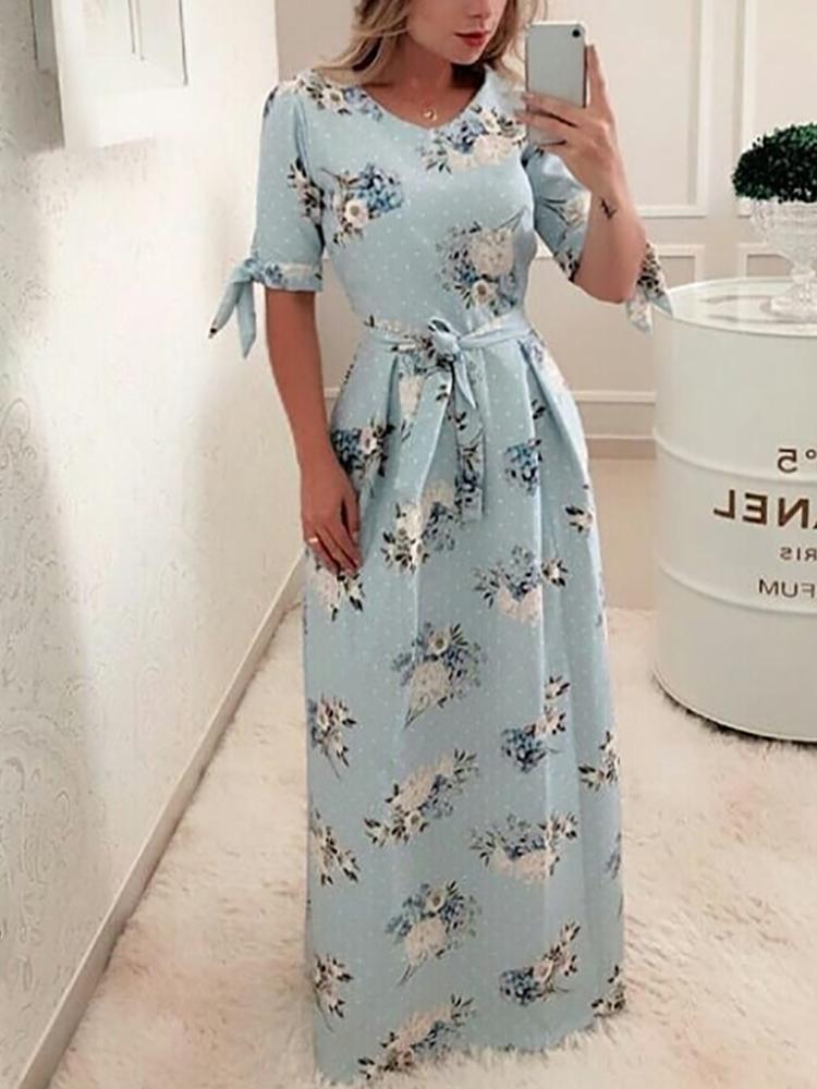 

Floral Print Tie Sleeve Self Belted Maxi Dress