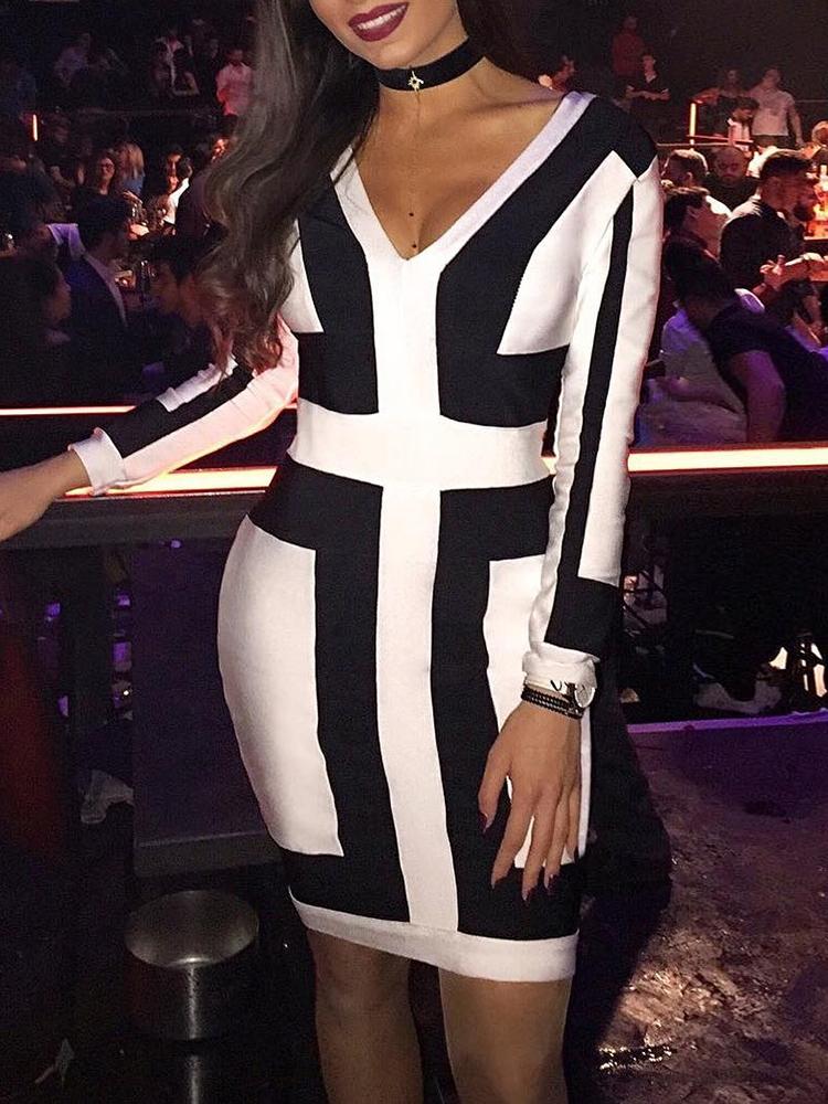 

Contrast Color Long Sleeve Mini Dress, White