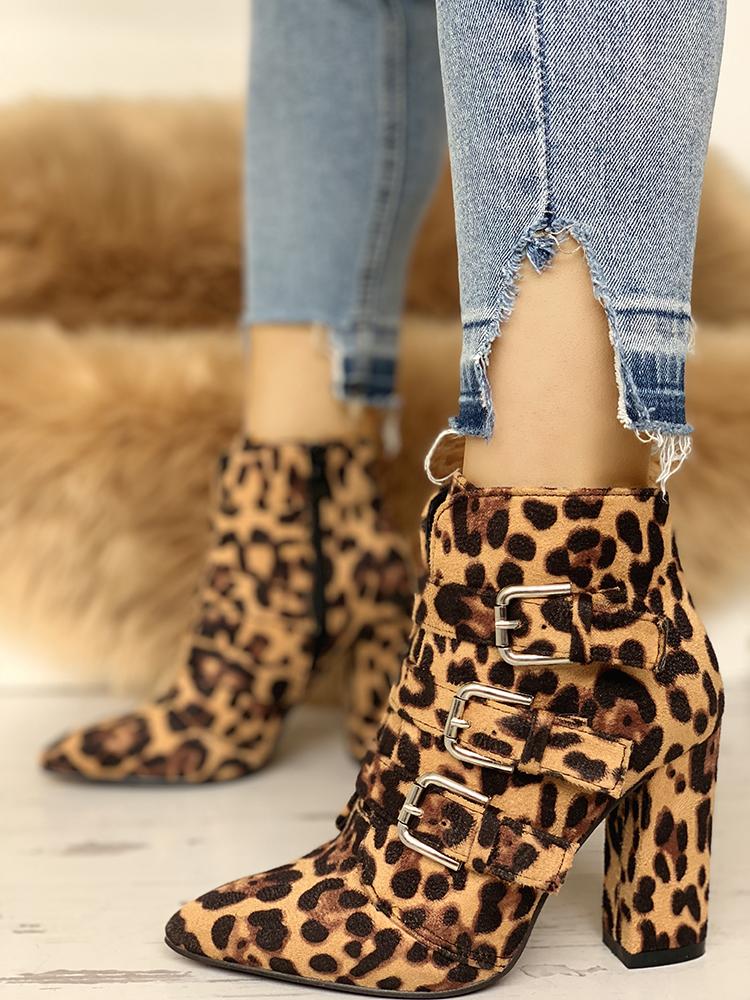 

Animal Print Buckle Pointed Toe Boots