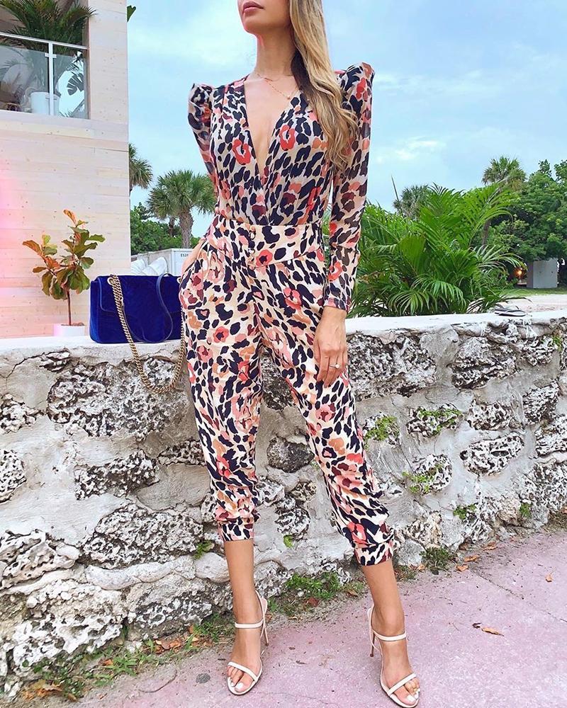 

Plunge Leopard Print Puff Sleeve Top & Buttoned Pants Sets
