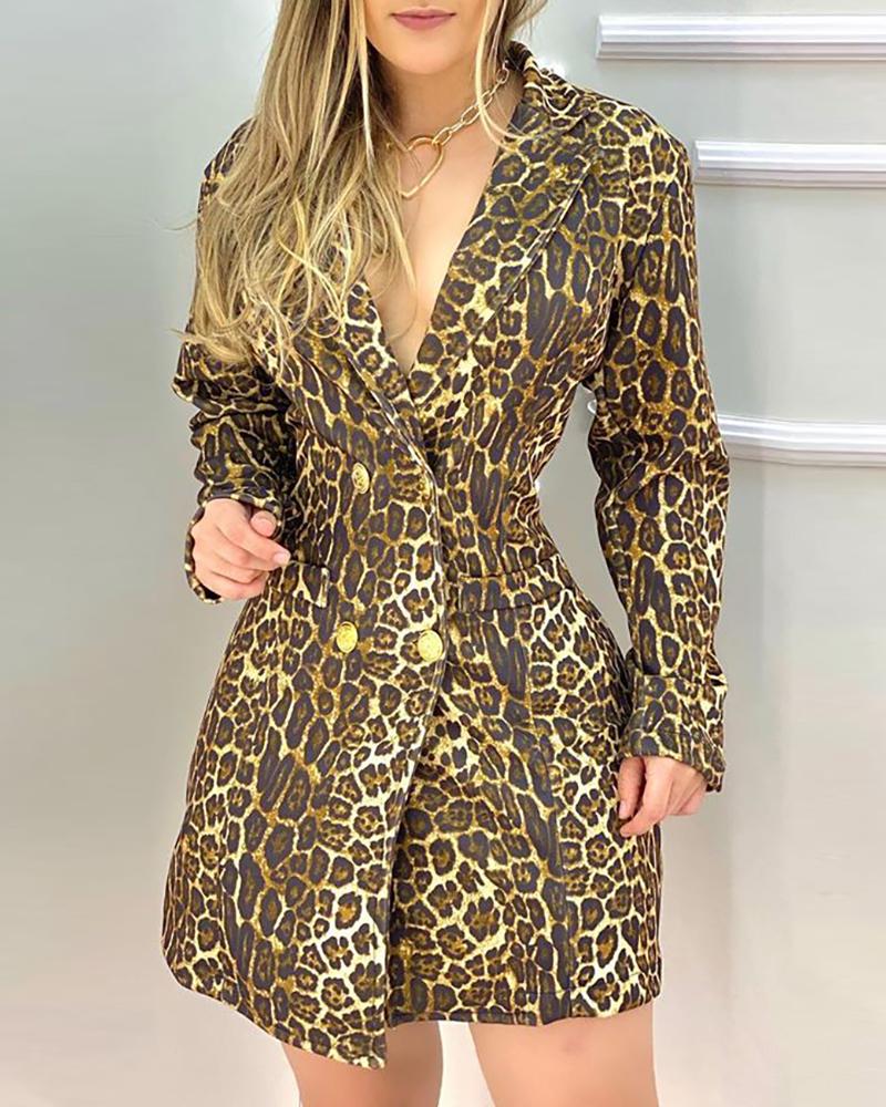 

Cheetah Print Double Breasted Long Sleeve Blazer Dress, Leopard