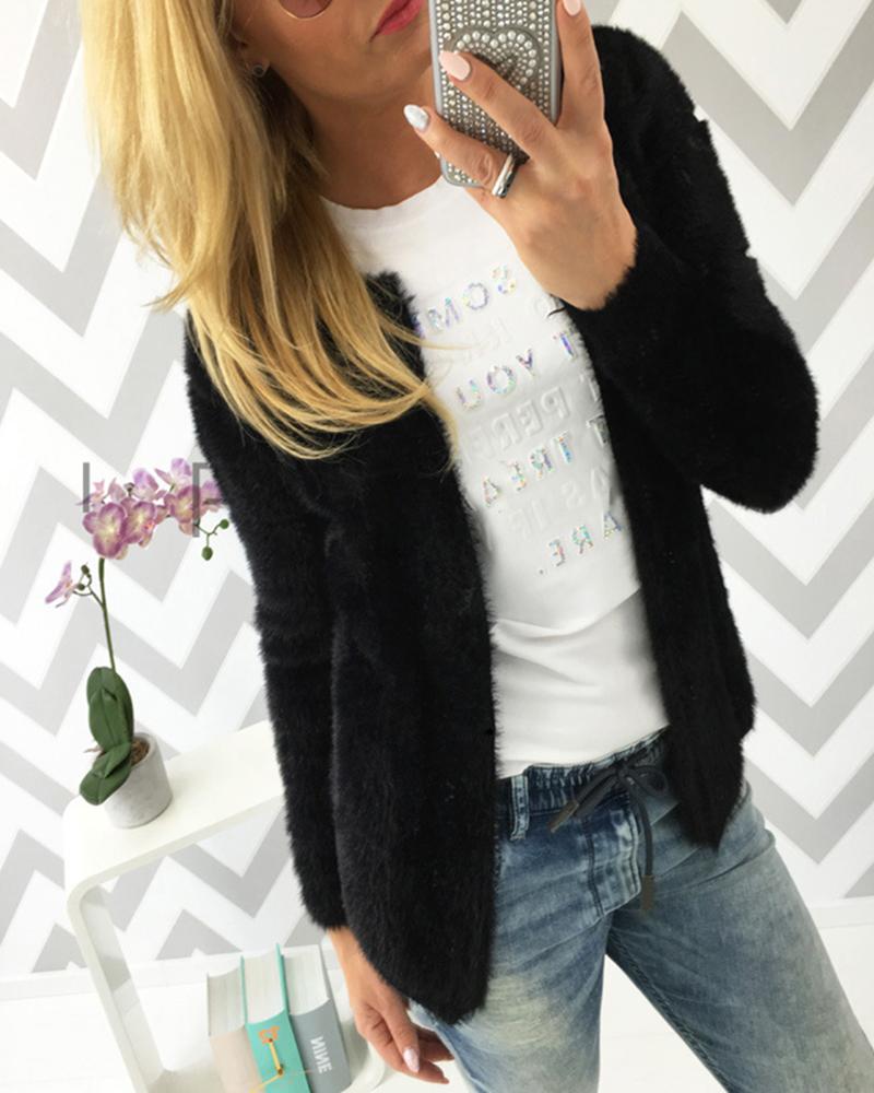 

Solid Long Sleeve Casual Fluffy Coat, Black