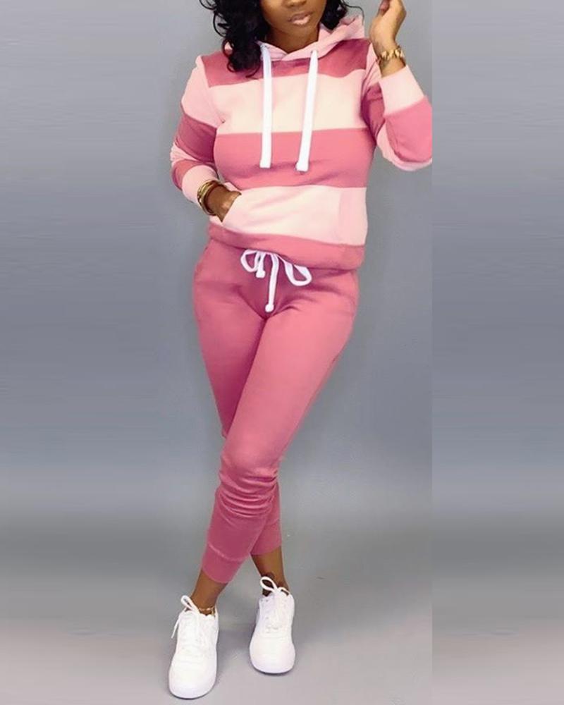 

Hooded Colorblock Insert Drawstring Sweatshirt & Pants Sets, Pink