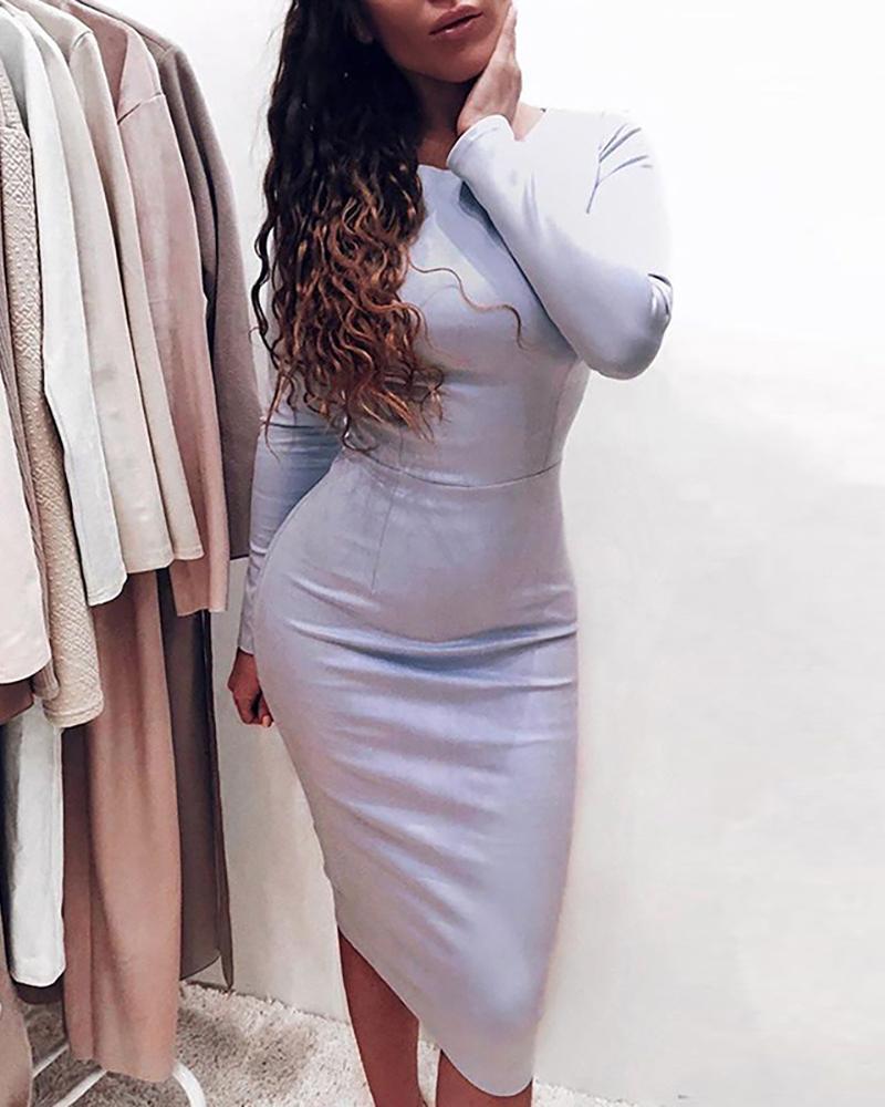 

Solid Long Sleeve Bodycon Dress, Blue