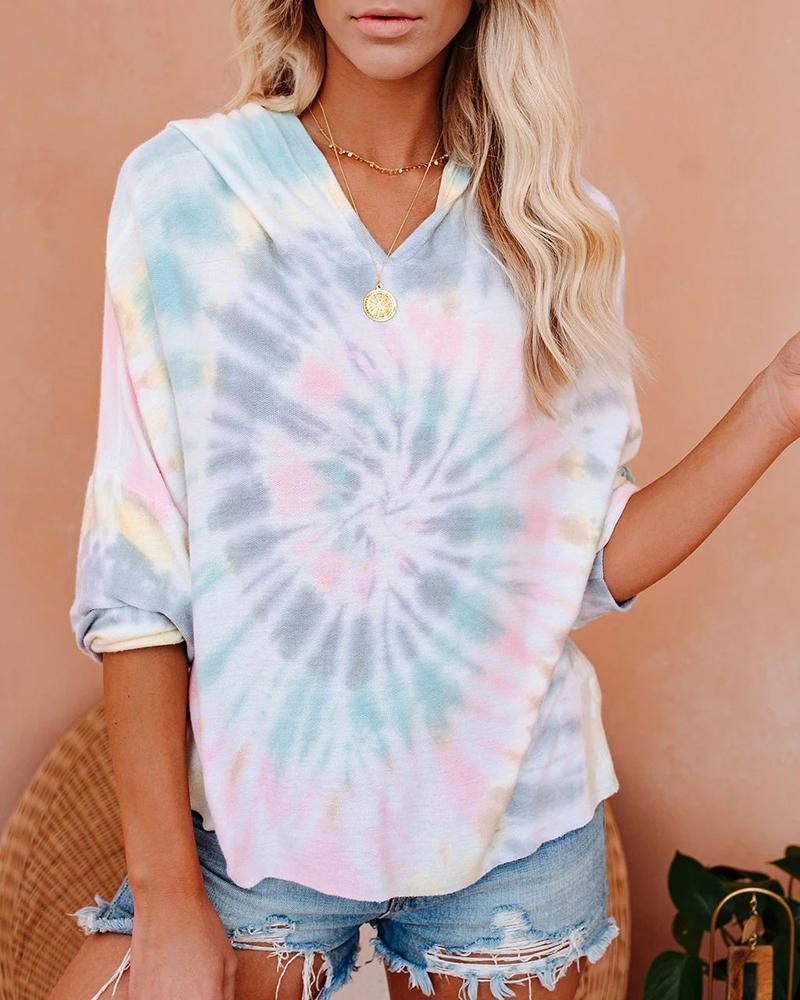 

Tie Dye Print Hooded Casual T-shirt, Light blue