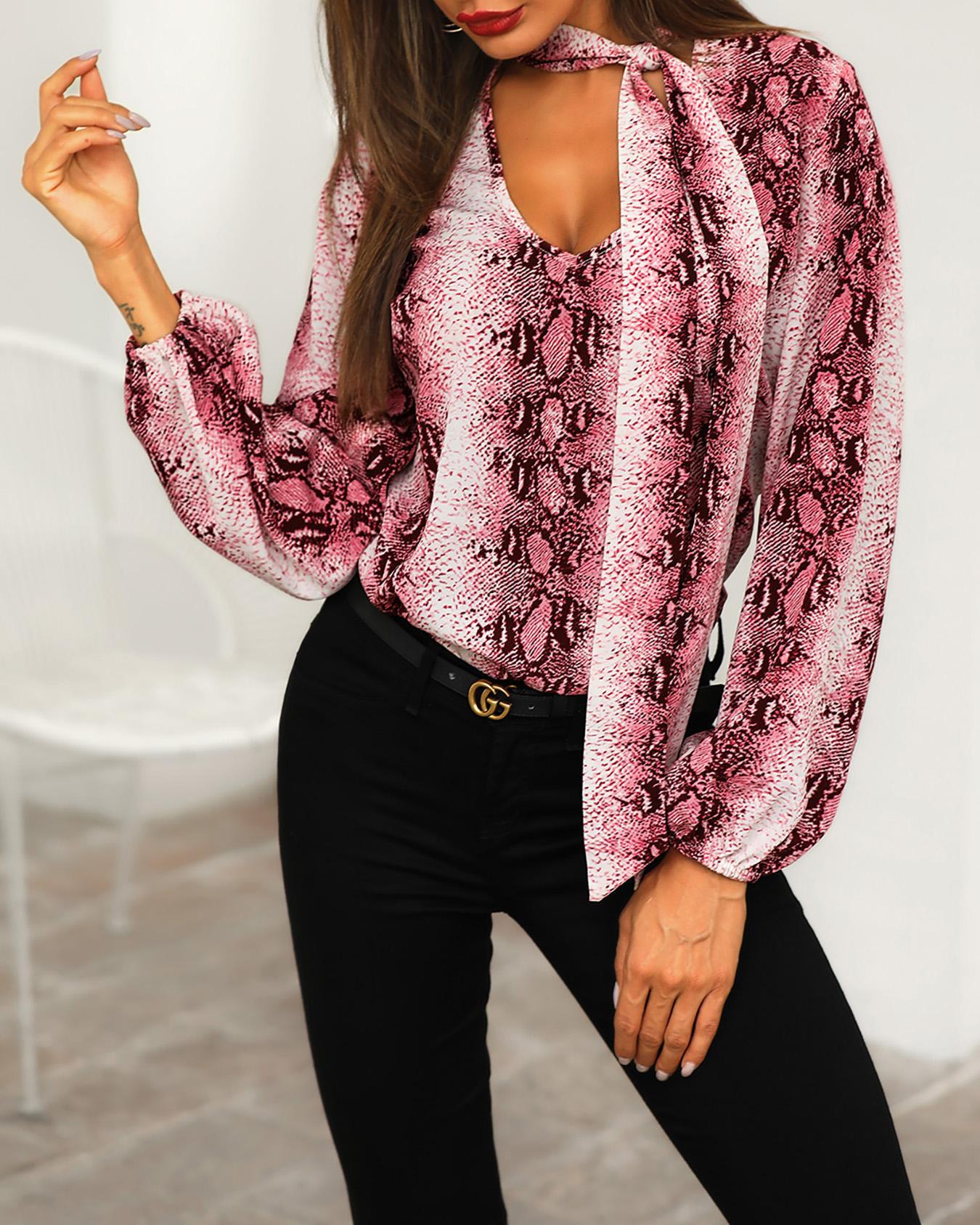 

Tied Neck Snakeskin Long Sleeve Blouse