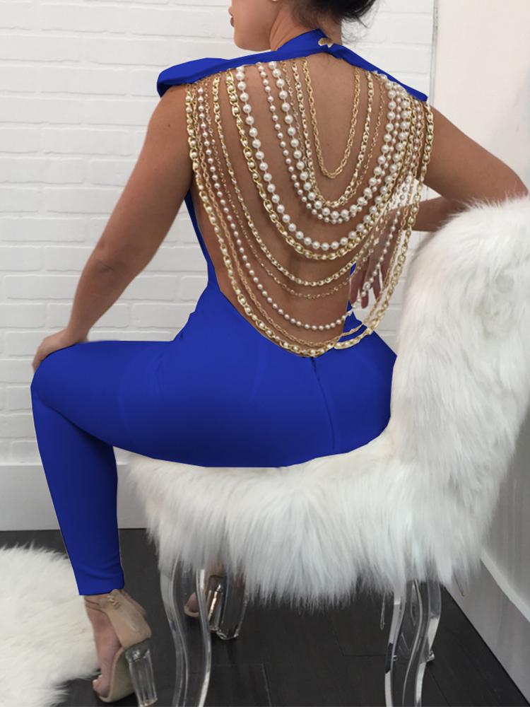 

Sexy Open Back Beading Embellished Jumpsuits, Dark blue