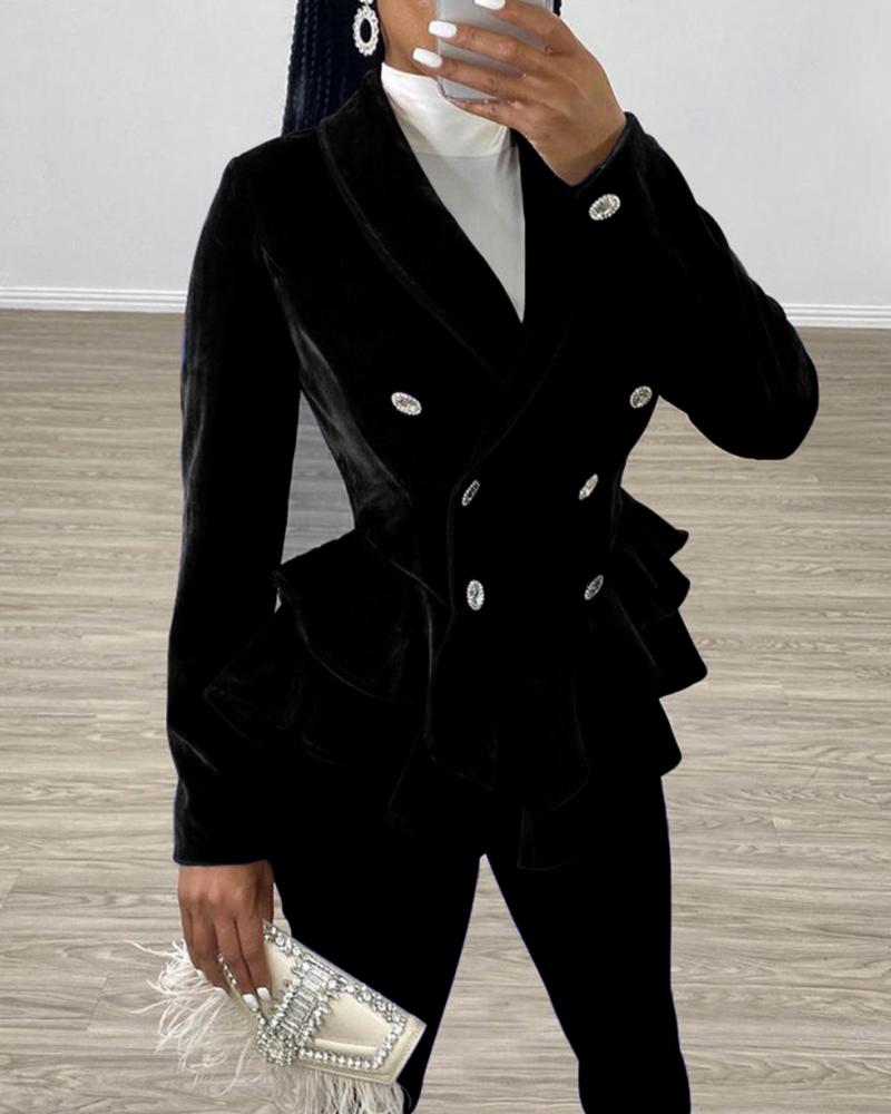 

Double Breasted Velvet Ruffle Blazer & Skinny Pants, Black