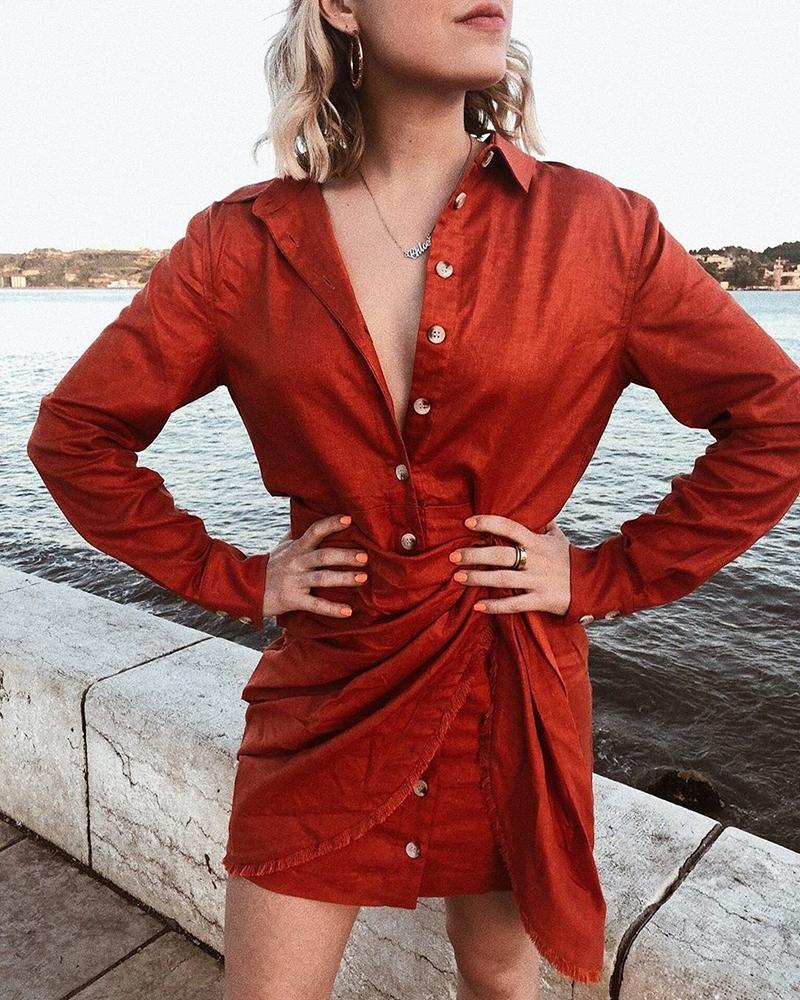 

Solid Ruched Tied Long Sleeve Shirt Dress