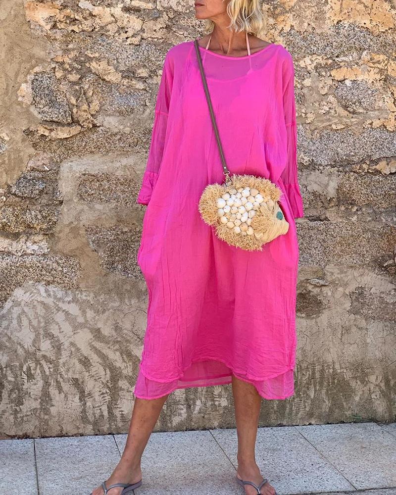 

Solid Long Sleeve Loose Dress, Hot pink