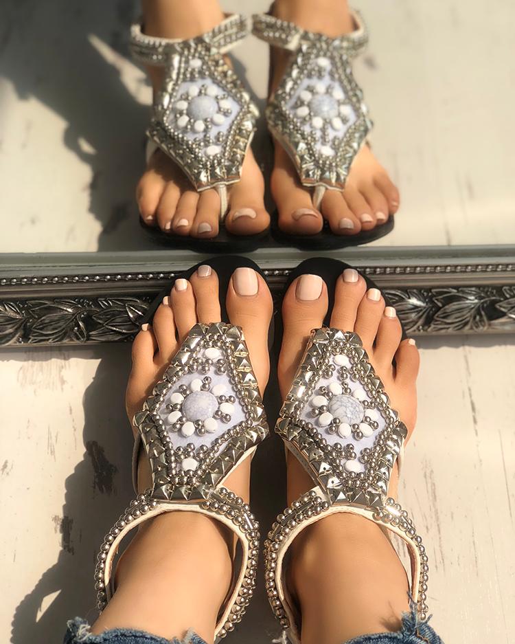 

Vintage Beaded Toe Post Gladiator Sandals, White