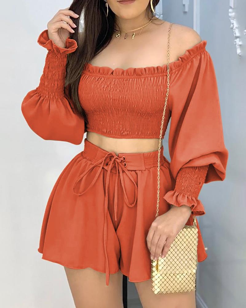 

Off Shoulder Ruched Crop Top With Shorts Set, Orange