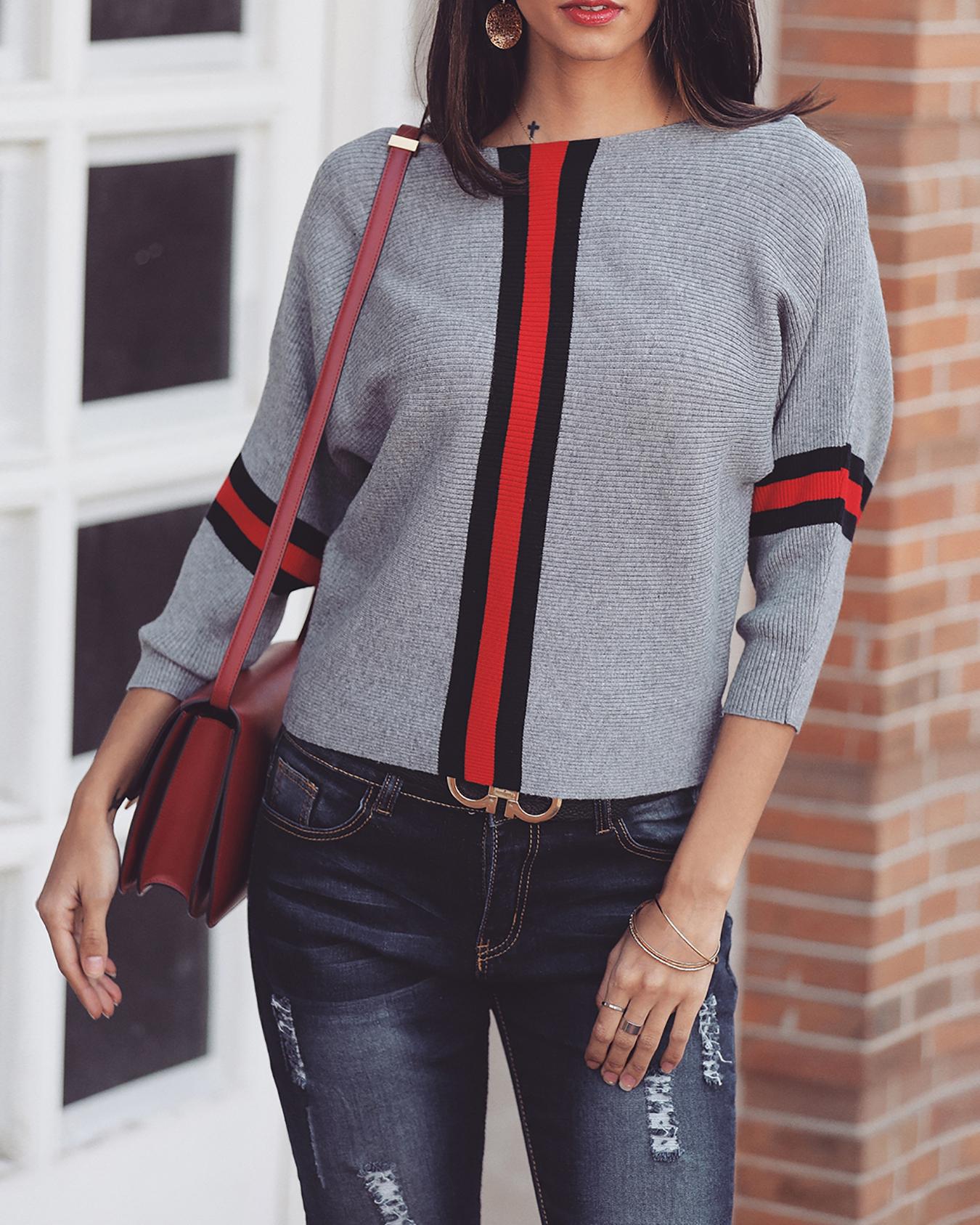 

Contrast Color Striped Splicing Sweater, Gray