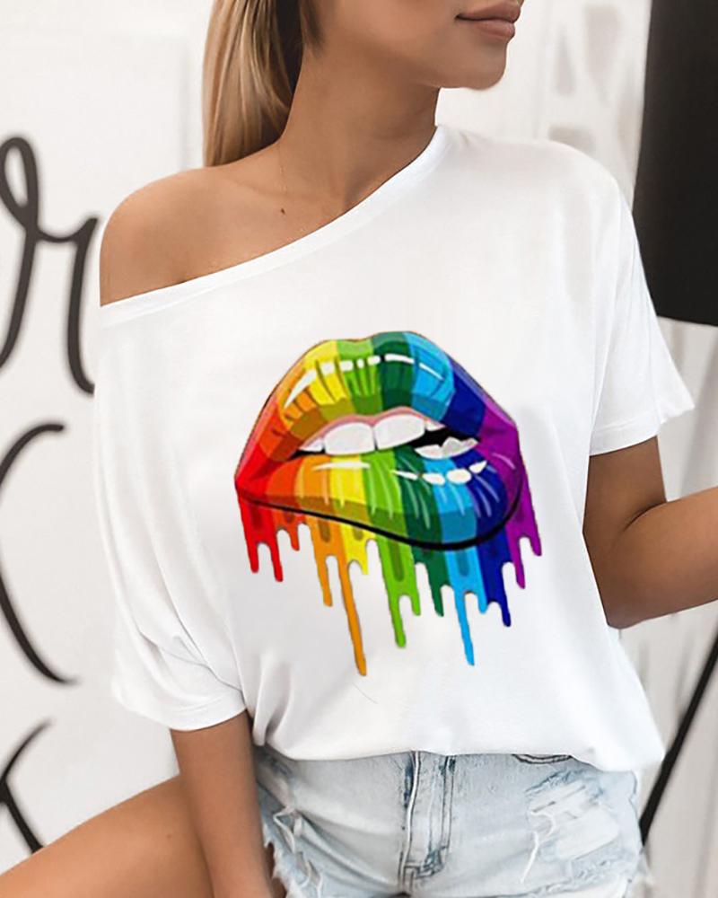 

Lip Print Round Neck Casual T-shirt, White