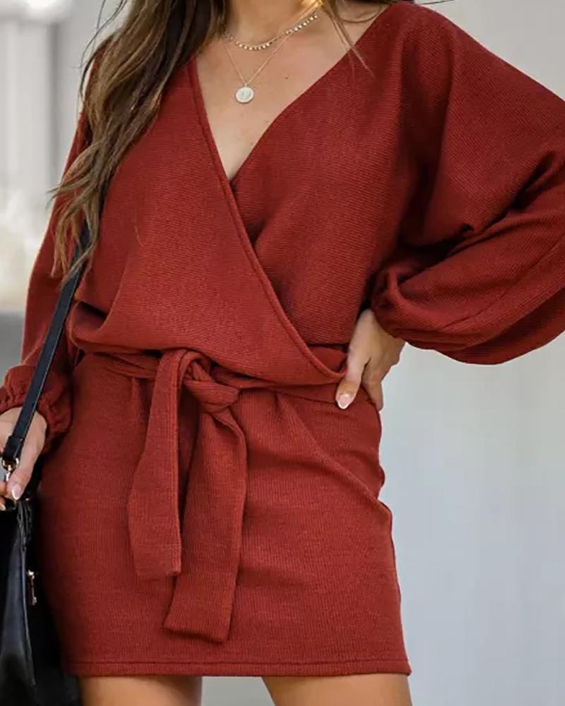 

Plain Wrap Long Sleeve Casual Dress, Wine red