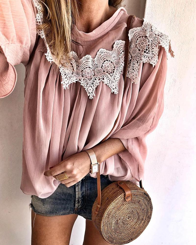 

Crochet Lace Trim Casual Blouse, Pink
