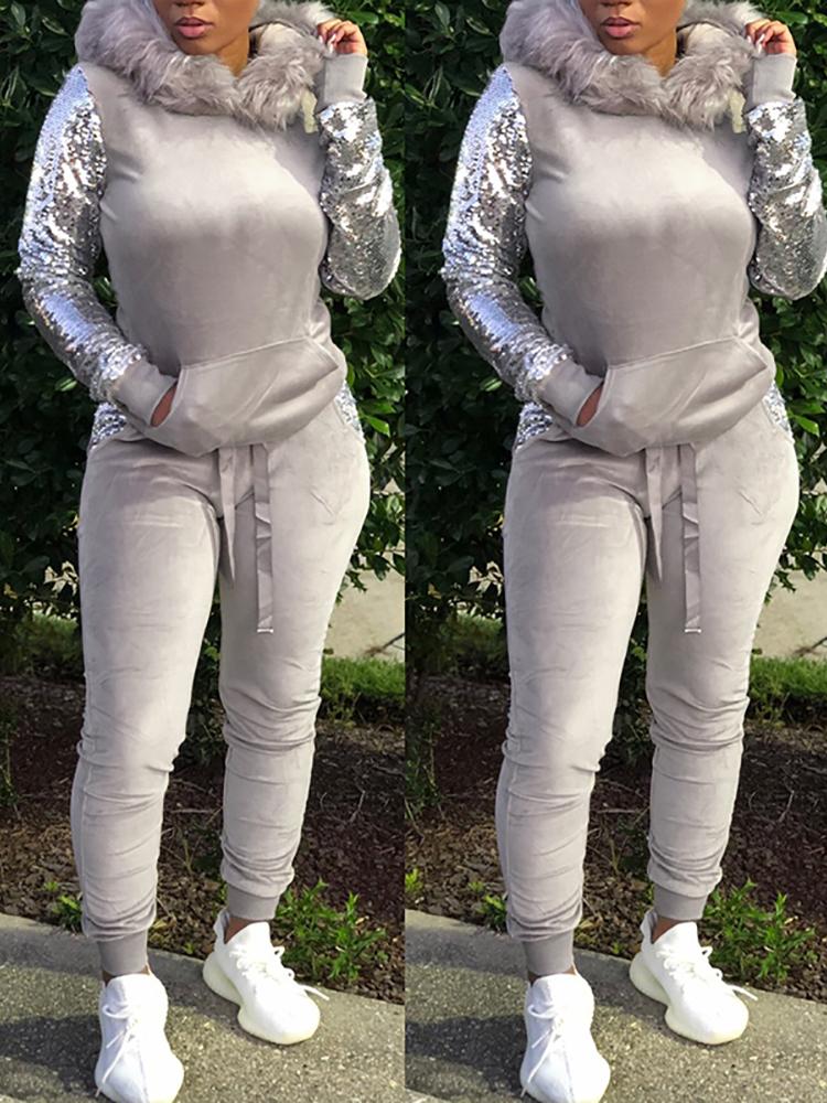 

Fluffy Hooded Sequin Insert Sweatshirt & Pant Sets, Gray