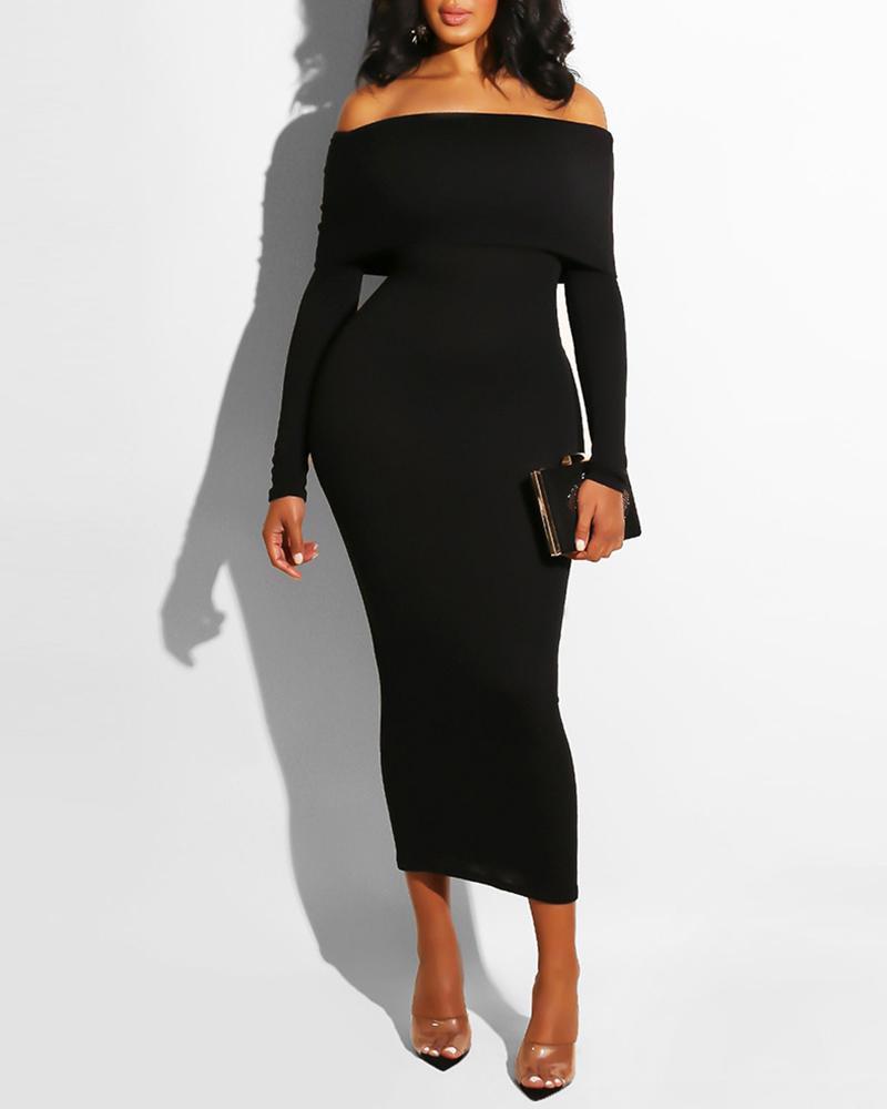

Solid Off Shoulder Long Sleeve Slinky Dress, Black