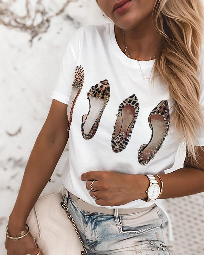 

Short Sleeve Heels Print Beaded T-shirt, White