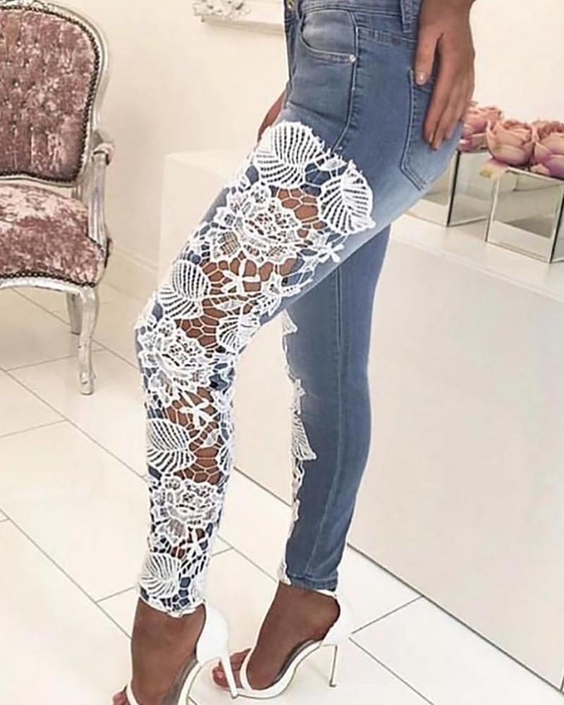 

Lace Insert Pocket Design Denim Pants, Blue