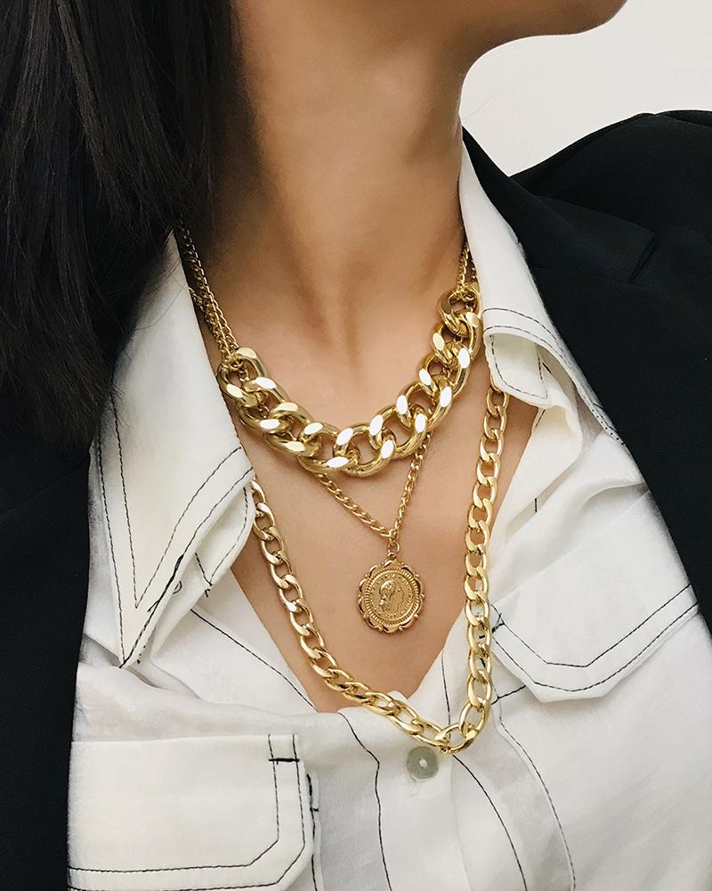 

Coin Figure Pattern Layered Chain Necklace, Gold