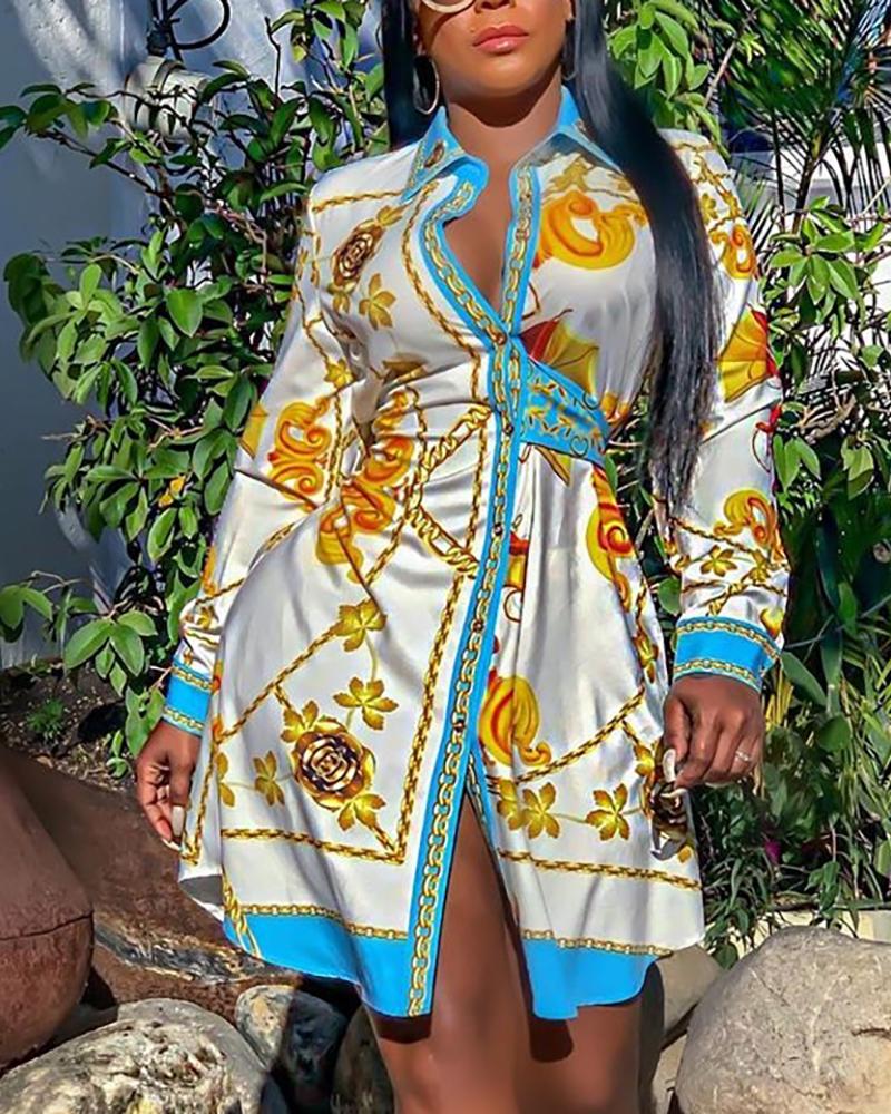 

Retro Print Tight Waist Casual Shirt Dress, Multicolor