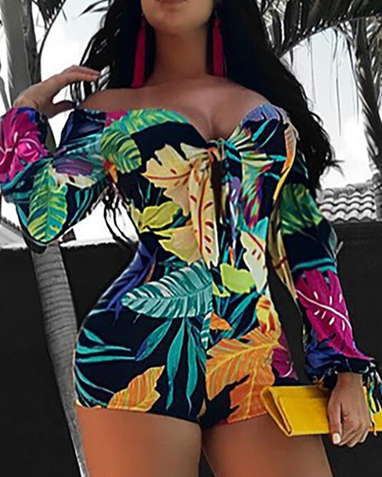 

Tropical Print Long Sleeve Rompers, Multicolor