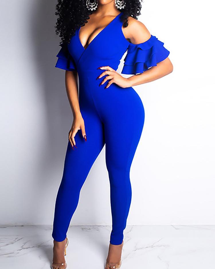 

Cold Shoulder Ruffles Design Zipper Back Jumpsuits