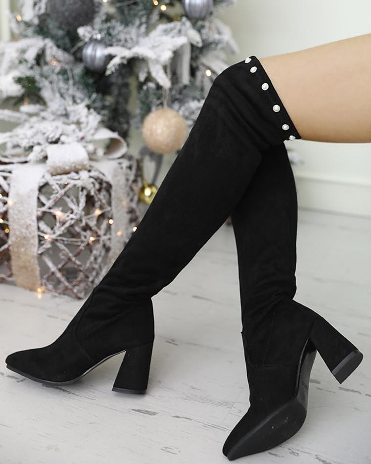 

Beaded Detail Over Knee Chunky Heel Boots, Black