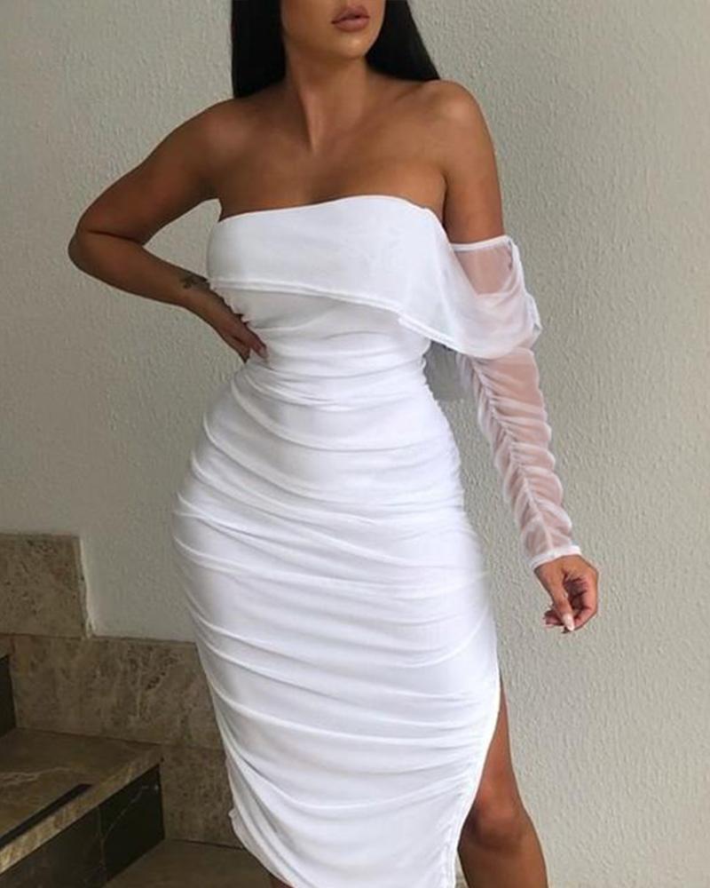 

Ruched Slit One Sleeve Midi Dress, White