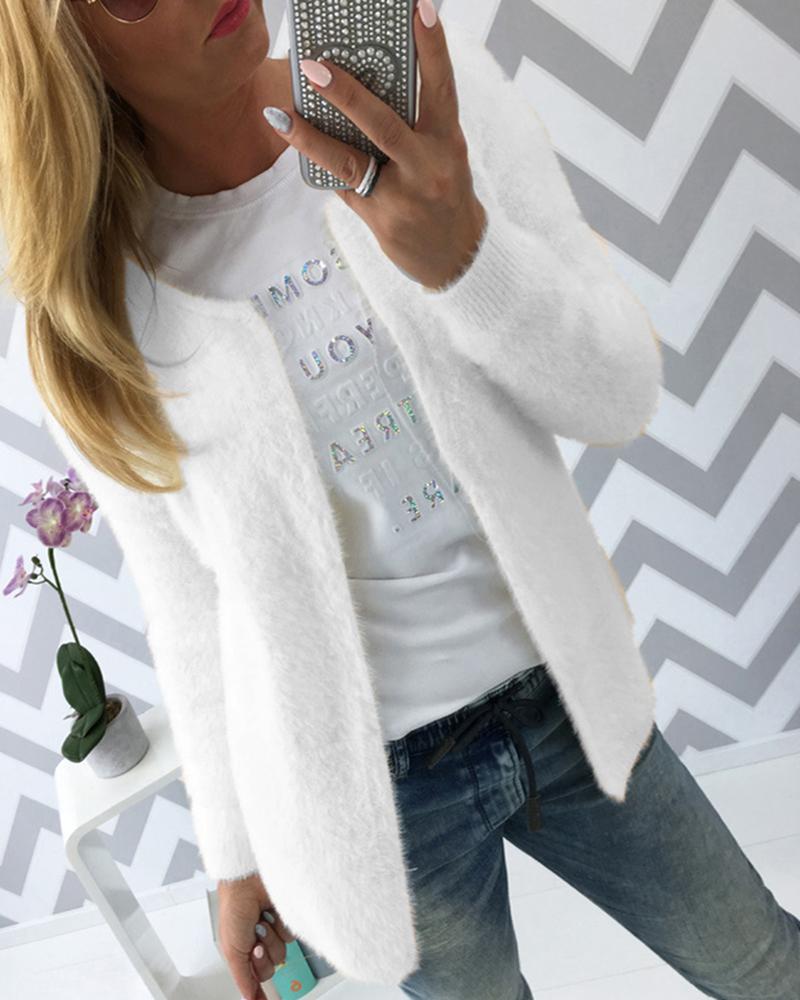 

Solid Long Sleeve Fluffy Coat, White