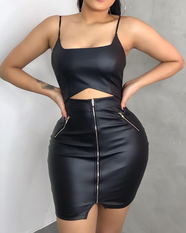 

Spaghetti Strap Cut Out PU Bodycon Dress, Black