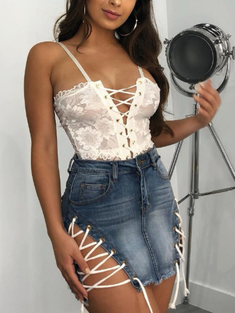 

Eyelet Side Lace Up Denim Skirt, Blue