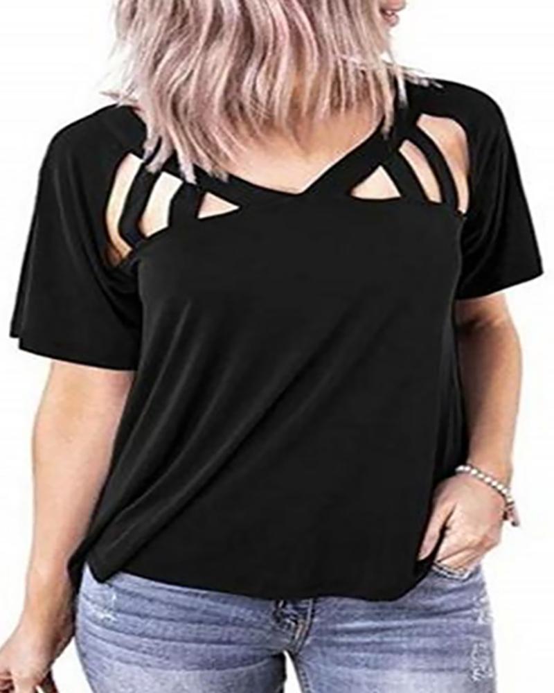 

Solid Cut Out Design V-neck T-shirt, Black