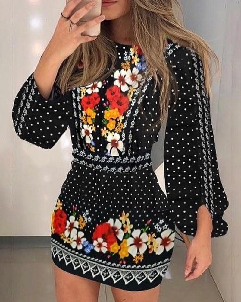 

Dots Floral Print Lantern Sleeve Bodycon Dress, Black