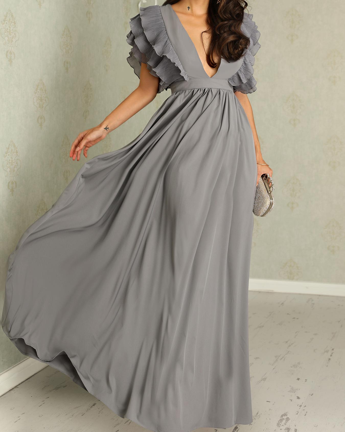 

Plunge Layered Ruffles Detail Ruched Maxi Dress, Dark grey