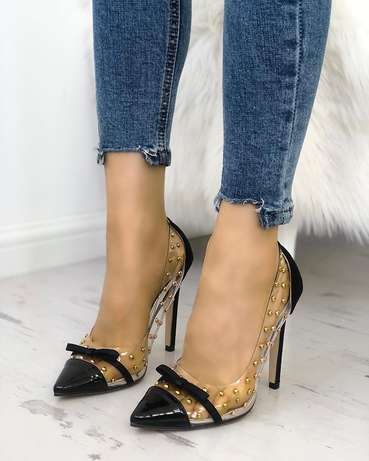 

Transparent Rivet Bowtied Pointed Toe Heels, Black