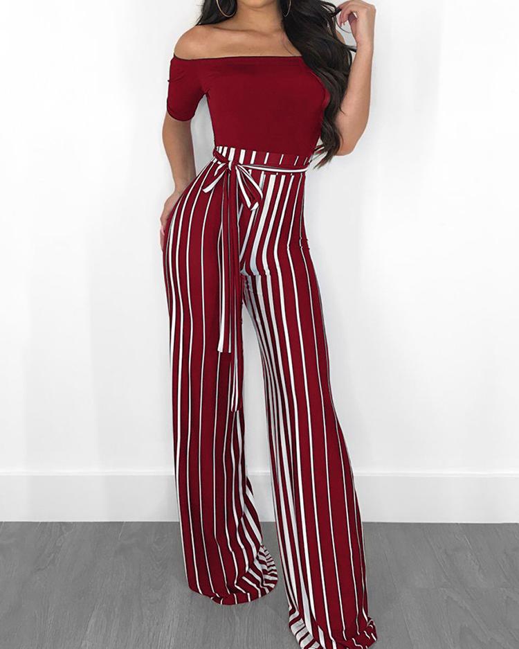 

Off Shoulder Striped Splicing Tied Waist Jumpsuit, Red