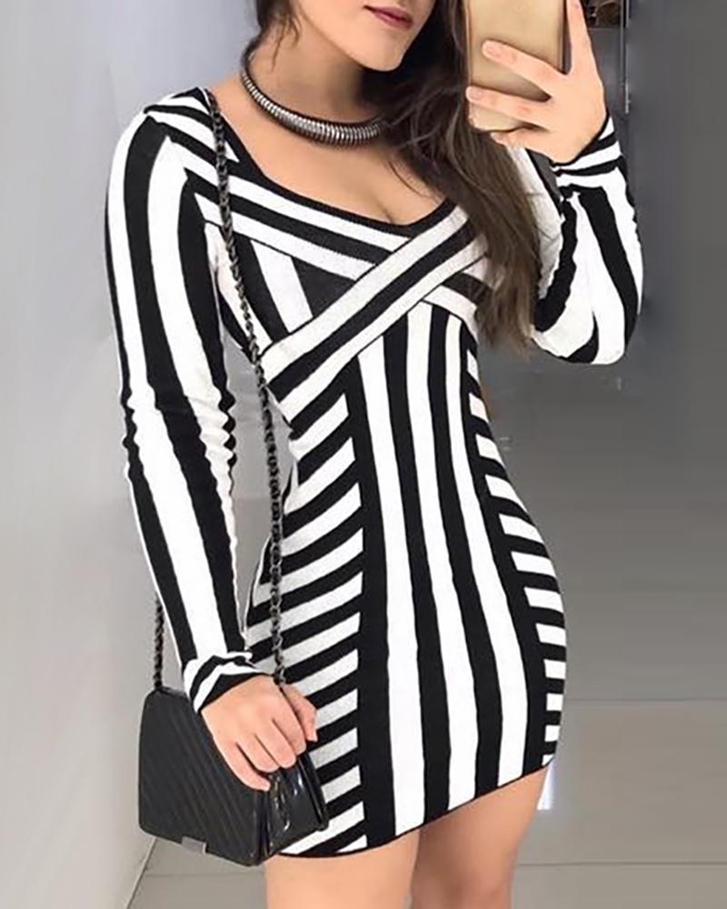 

Striped Long Sleeve Bodycon Dress, Black