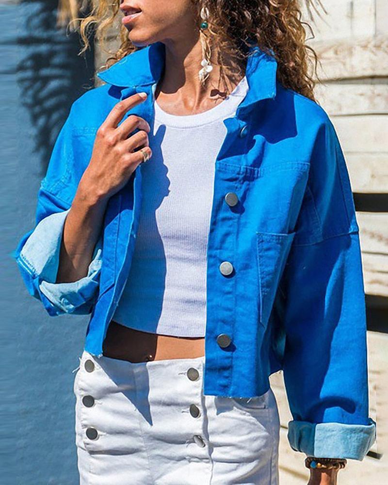 

Solid Denim Buttoned Pocket Casual Coat, Blue