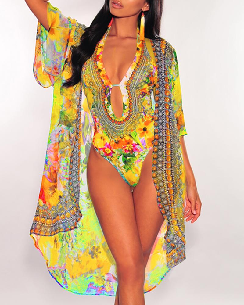 

Floral Print One Piece Swimwear With Cover Up