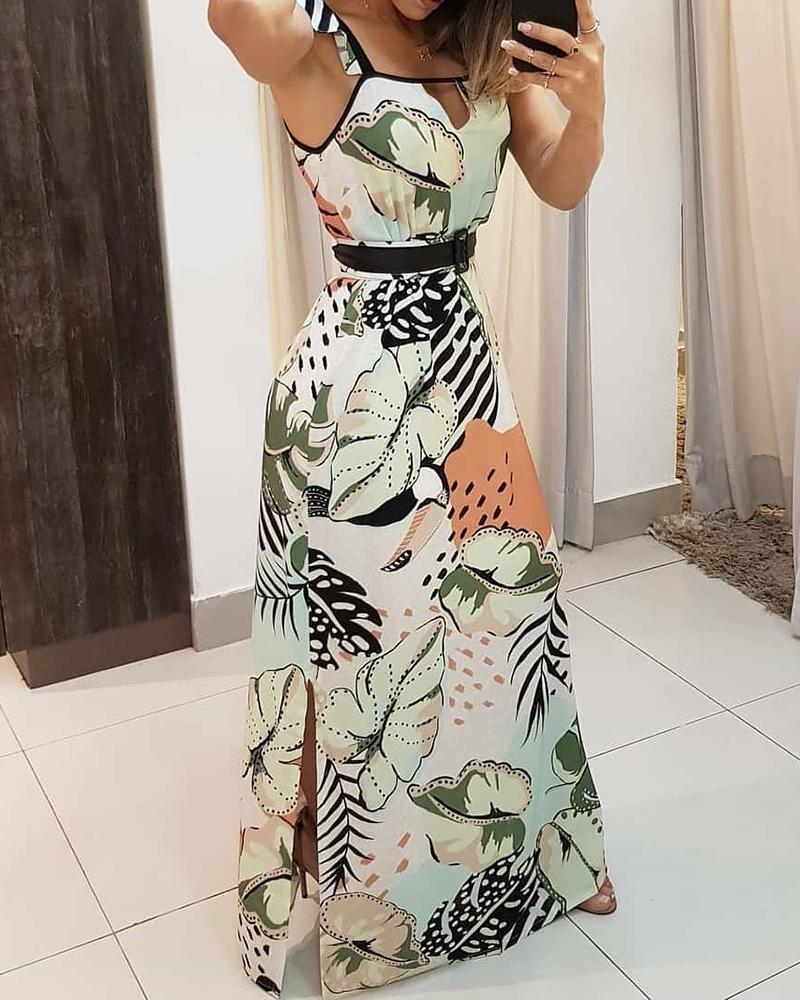 

Leaf Print Cutout Front Slit Maxi Dress, Multicolor