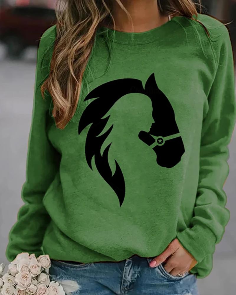 

Horse Print Long Sleeve Casual Sweatshirt, Green
