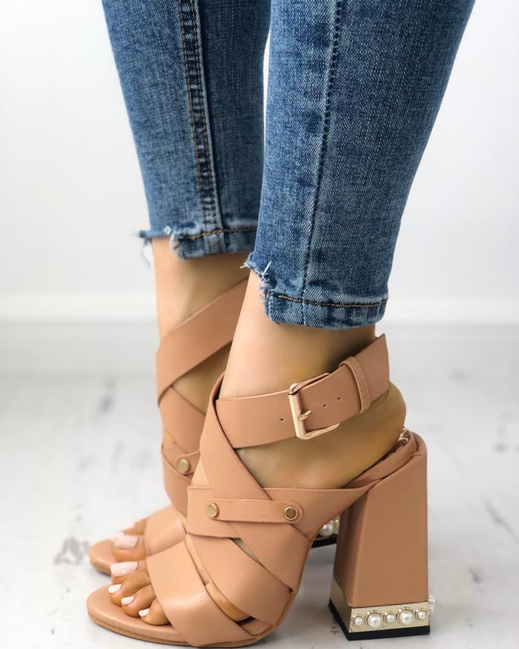 

Shiny Embellished Bandage Chunky Heeled Sandals, Apricot